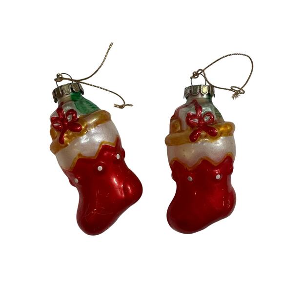 Blown Glass Christmas Ornaments Pair 2 of Stockings Red Christmas Tree Holiday - Picture 2 of 9